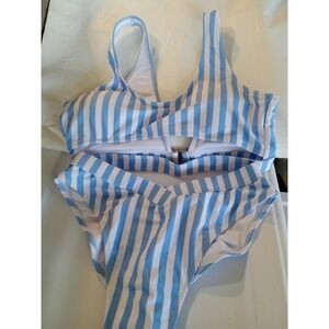 Blooming Jelly Blue White Striped Ruched Back High Cut Bikini Set Size M